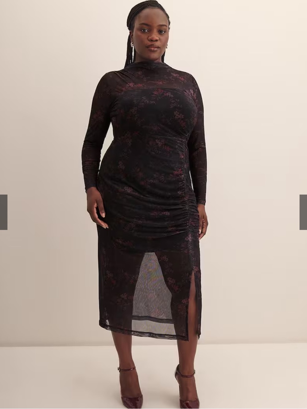 Penningtons Mesh Black Dress with Subtle Maroon Floral Pattern and Side Split
